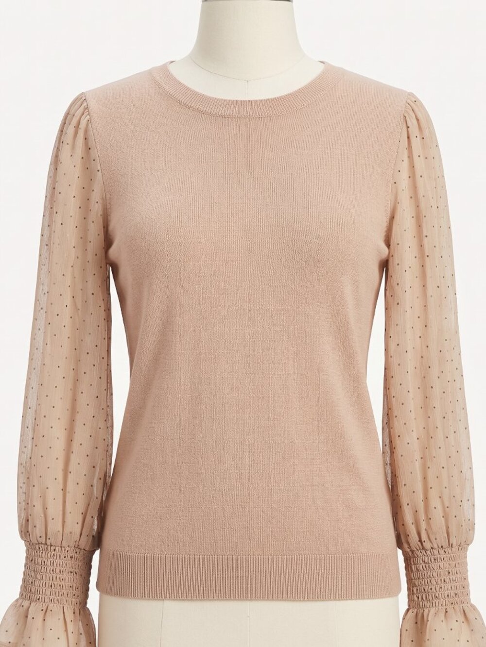 Adrianna Papell Beige Knit Sweater Sheer Pleated Swiss Dot Balloon Sleeves M